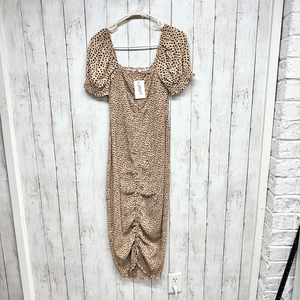 Mi Ami Dress Women Size Small Animal Print Ruched Puff Sleeves Bodycon Midi Boho